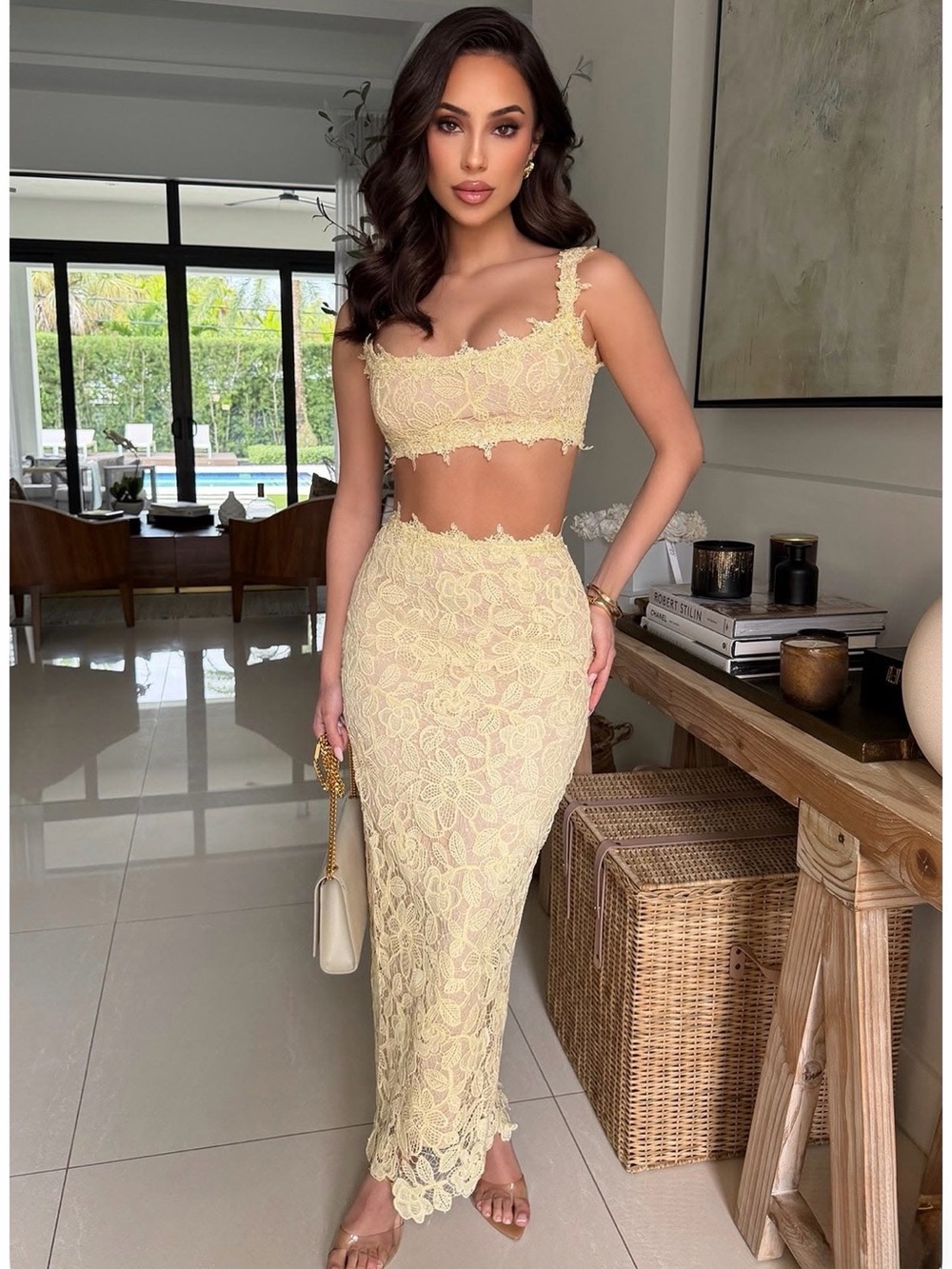 Butter Yellow Lace Crop Top Maxi Skirt Set